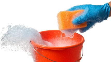 Collection of a hand with a blue glove holding an orange sponge and washing a red bucket filled with foam, isolated on white background