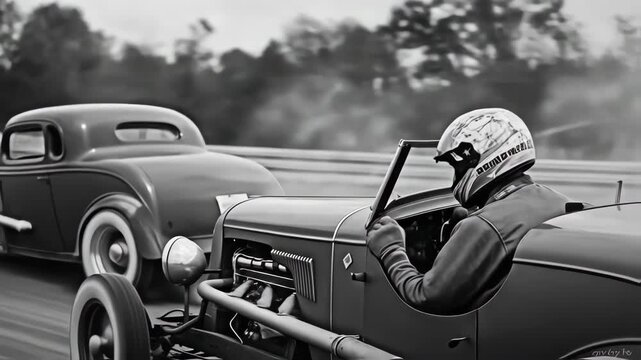 Hot rods in black and white race, men driving vintage cars with dust and smoke, speed competition footage