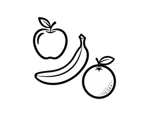 Bold outline vector of a fruit collection apple, banana, orange in one-color graphic style