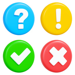 Bright 3D icons set: question mark, exclamation point, check mark and cross in blue, yellow, green and red circles