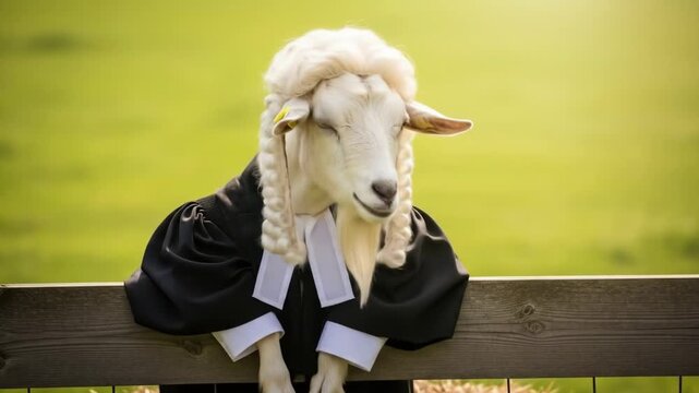 Goat in Judge's Robe Leaning on Fence - A white goat wearing a judge's robe and wig leans on a wooden fence in a lush green field.