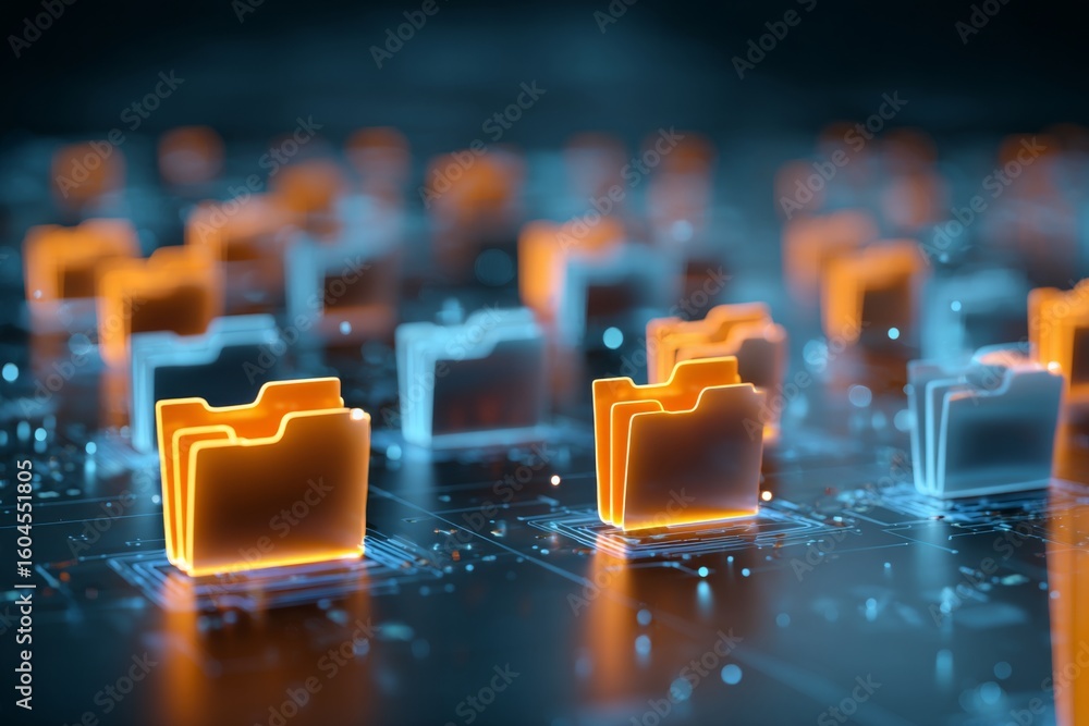 Poster digital cloud storage with glowing folders in a virtual landscape representing data management and o