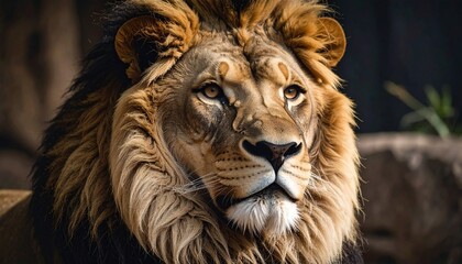 Fototapeta premium Close-up of a lion with thick golden mane and intense gaze, captured in natural outdoor setting with soft greenery in the background.