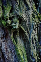 Tree trunk covered in moss. Vertical composition ideal for phone wallpaper or minimal nature backgrounds.