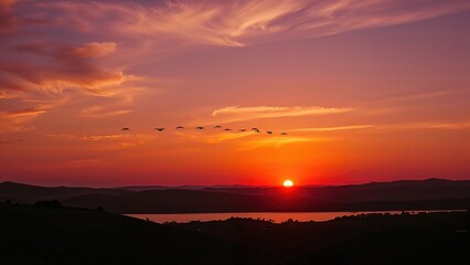 Naklejka premium Magnificent twilight setting with natural landscape and flying birds
