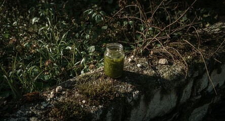 A glass jar filled with green liquid sits on a stone wall surrounded by plants and bare branches