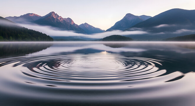 Tranquil mountain lake at dawn with ripples and misty fog creating a serene natural landscape