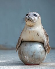 Fototapeta premium Curious seal balancing on a small ball, showcasing its playful nature in a serene environment