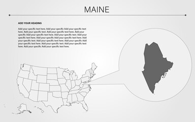 Maine state map with in USA slide design, editable slide with maine state and USA map	