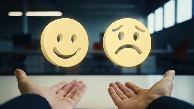Hands Presenting Happy and Sad Emoji Icons for Emotion Choice in a Modern Office Setting with Warm Lighting and Blurred Background