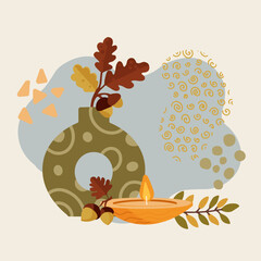Vector autumn composition with vase, burning candle, oak leaves, and acorns. Ideal for fall-themed greeting cards, social media posts, invitations, and seasonal print decor