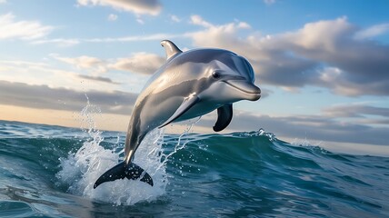 A dolphin leaps from the ocean glistening in the sunlight joyful