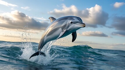 Naklejka premium Bottlenose dolphin gracefully leaping from the ocean at sunset time