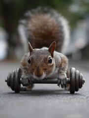 Squirrel Lifting Weights on a City Street, Showcasing Strength and Determination Amidst Urban Life