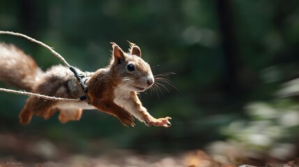 A squirrel leaps energetically while being gently harnessed, showcasing its agility in a vibrant forest