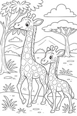 Mom and baby giraffe walking together in a sunny savanna. A delightful animal-themed coloring book page for children. 