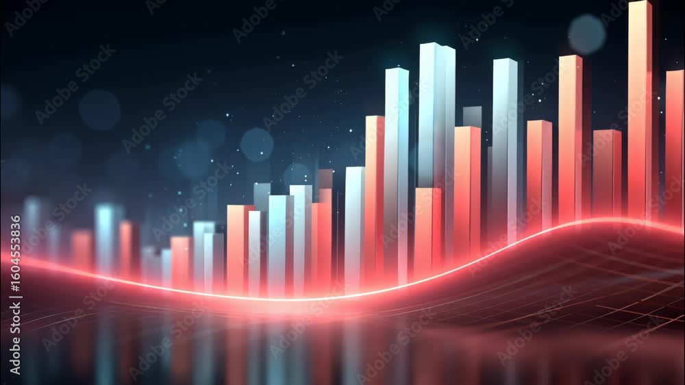 Poster digital 3d bar chart glowing red wave with abstract blue bars futuristic data visualization graph gl