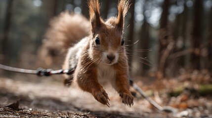Squirrel in mid-leap on a leash in a forest, surrounded by trees and autumn leaves