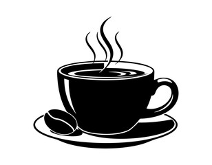 Monochromatic vector art of a cup of coffee with steam and a coffee bean beside it