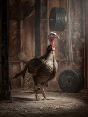 A turkey standing confidently in a dimly lit gym, surrounded by weightlifting equipment and dust