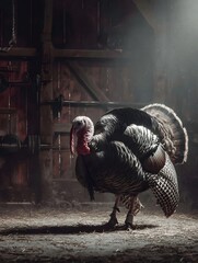 Majestic turkey standing in a rustic barn, illuminated by soft light, with hay scattered on the floor