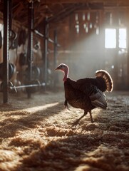 A turkey gracefully walks across a sunlit barn floor, surrounded by exercise equipment and hay