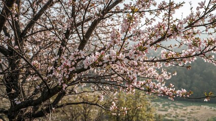 Fototapeta premium Springtime almond tree adorned with vibrant pink blossoms on its branches