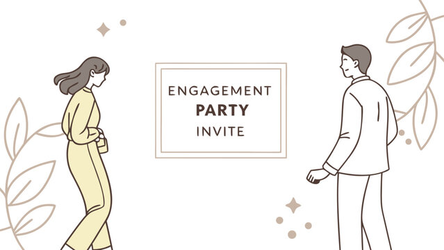 Illustration of a couple facing an engagement party invite with floral decorations and star accents around
