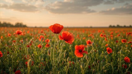 A sunset scene featuring bright red poppies in sharp focus against a blurred background.