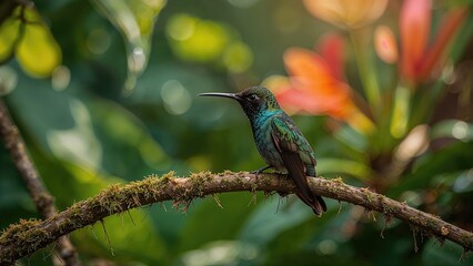 Fototapeta premium A tree branch hosting an Amazilia tzacatl bird in a natural environment.