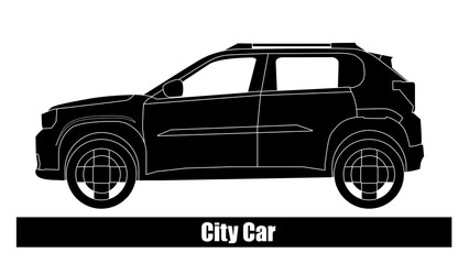 A city car is a small car designed specifically for use in the city. It is made in a black silhouette version with a black background.