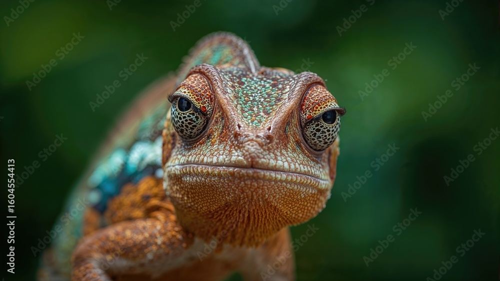 Poster close-range image capturing a chameleon showcasing its colors