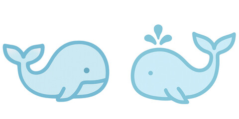 Fototapeta premium Two light blue whale icons with dark blue outlines on a white background on transparent background silhouette
