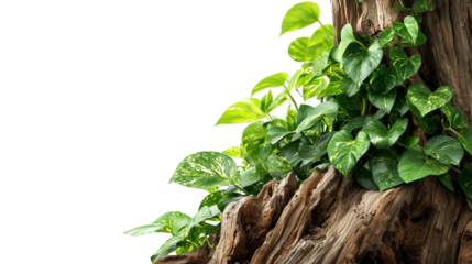 Green Jungle Plants Growing on a Tree Trunk isolated on transparent background