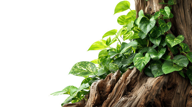Green Jungle Plants Growing on a Tree Trunk isolated on transparent background