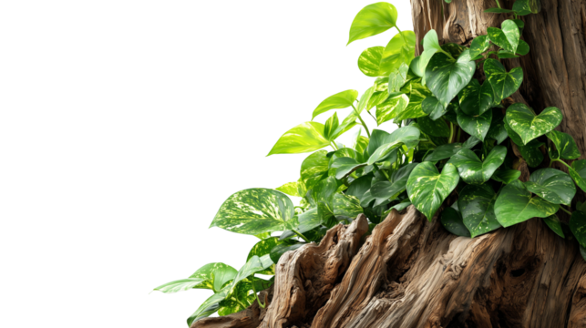 Green Jungle Plants Growing on a Tree Trunk isolated on transparent background