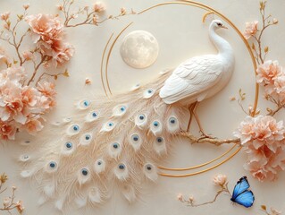 Delicate white peacock amidst blossoms and moon