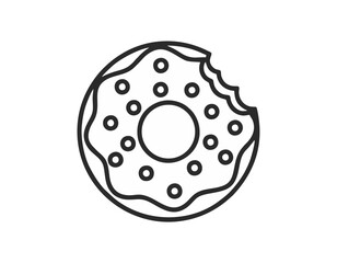 One-color vector icon of a donut with sprinkles and a bite taken out, minimalist layout