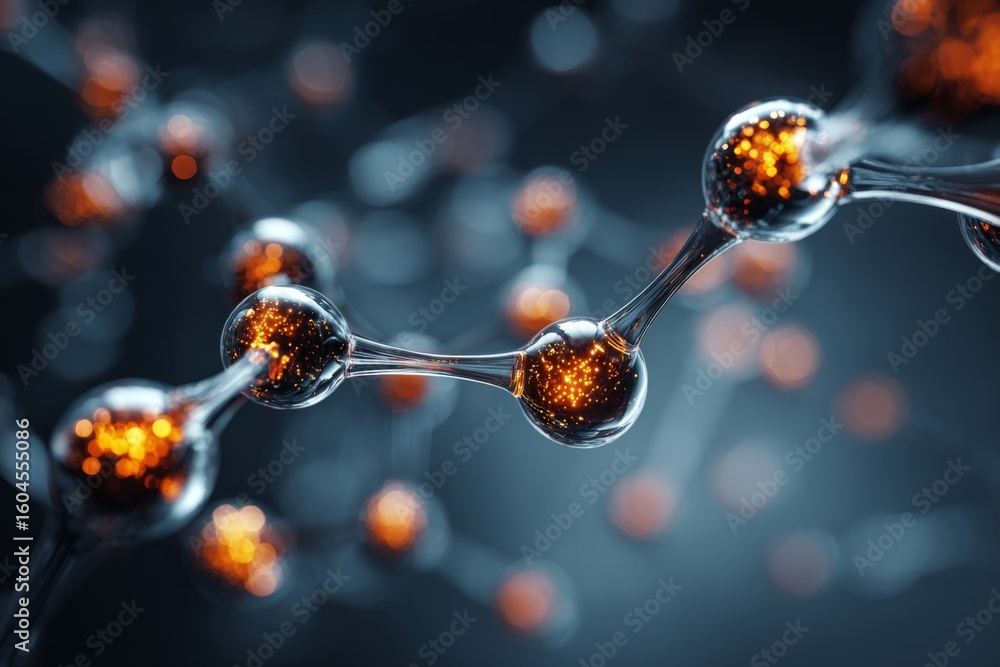 Poster abstract molecular structure with shiny spheres and interconnected chains in a scientific background
