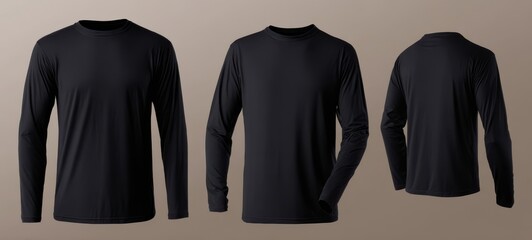 The stylish black long-sleeve shirt shown from multiple angles.