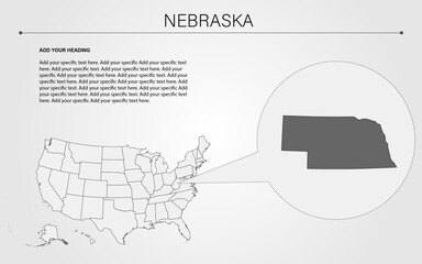 Nebraska state map with in USA slide design, editable slide with Nebraska state and USA map	
