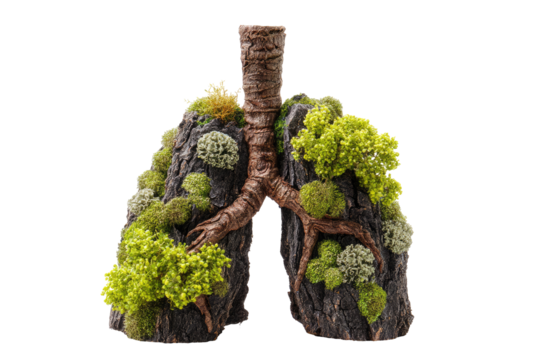 A sculpted pair of lungs, crafted from dark wood and bark, is adorned with various types of greenery, moss, and small plants