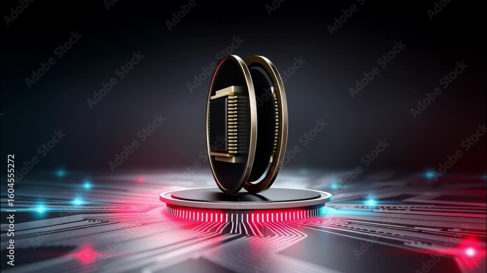 Poster cryptocurrency digital coin futuristic circuit board with glowing red and blue lights symbolizing bl