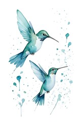 Watercolor Hummingbirds in Flight on White Background. Ideal for use in themed designs, stationery, fabric prints, wall art