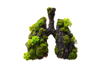 Lungs formed of dark, bark-covered wood, entirely overgrown with vibrant green moss and lichen.  A 3D rendering
