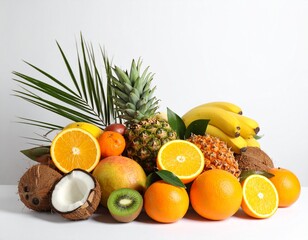 Unique and vibrant tropical fruit still life, photographed against a stark white background. Capture every intricate detail with cinematic lighting, showcasing colors that perfectly complement the sce