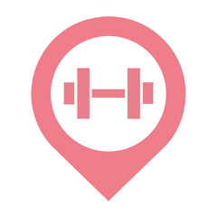 Pink location pin with dumbbell icon on white background marker pointer