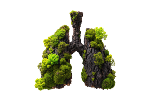 Lungs formed of dark, bark-covered wood, entirely overgrown with vibrant green moss and lichen.  A 3D rendering