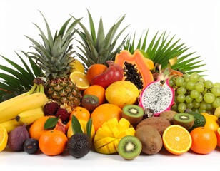 Unique and vibrant tropical fruit still life, photographed against a stark white background. Capture every intricate detail with cinematic lighting, showcasing colors that perfectly complement the sce