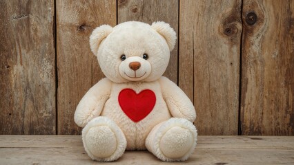 Obraz premium An adorable teddy bear holding a red heart poses in front of a vintage wooden background, creating a romantic Valentine's Day atmosphere.